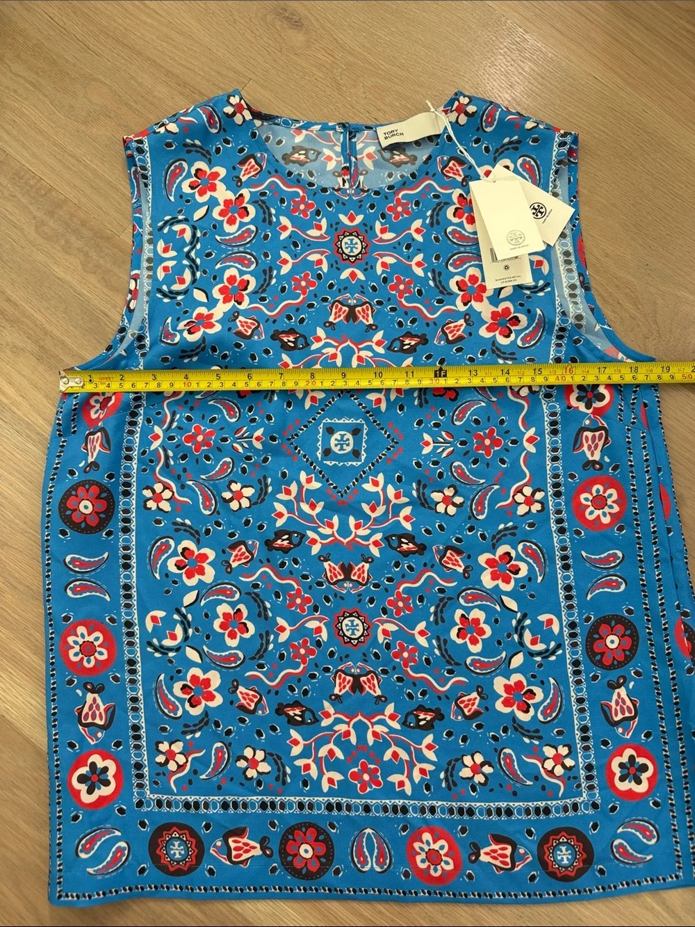 NWT Tory Burch Silk Sleeveless Shell Top Azure Pisces Dream Blue Bandana Logo 8